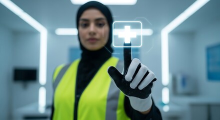 A focused female healthcare worker in hijab interacts with a holographic interface symbolizing modern medical technology