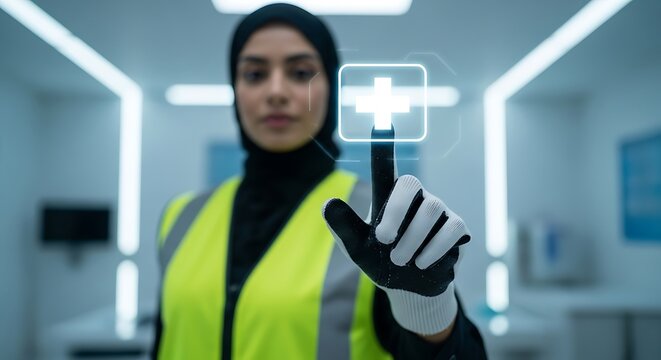 A focused female healthcare worker in hijab interacts with a holographic interface symbolizing modern medical technology - Powered by Adobe