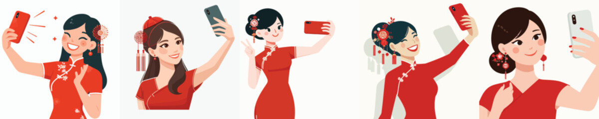 Naklejka premium vector half body of woman standing happily taking selfie photo during Chinese New Year