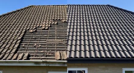 A close up view of a tiled roof showing significant damage and contrasting tile conditions