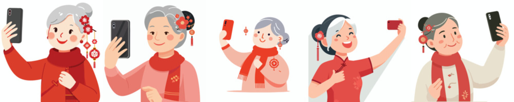 vector half body of grandmother standing happily taking selfie photo during Chinese New Year