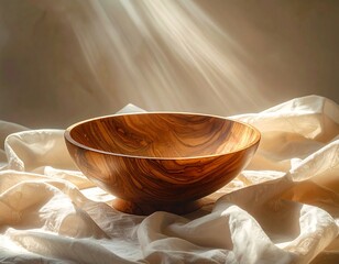 Wooden bowl on draped fabric, illuminated by ethereal sunlight