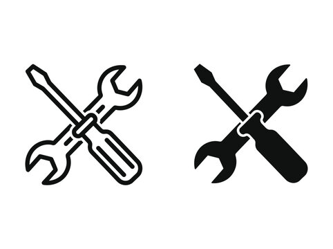 Crossed wrench and screwdriver icon set