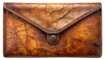 Close-up of a weathered, textured leather envelope-style wallet
