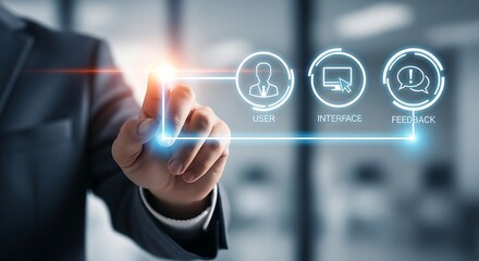 A businessman interacts with a futuristic digital interface displaying user interface feedback and service icons