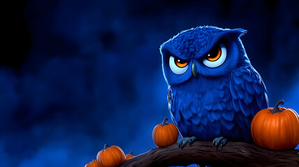 Mysterious blue owl perched on a branch surrounded by pumpkins