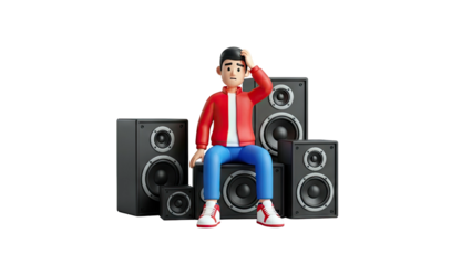 Confused person sitting on speakers