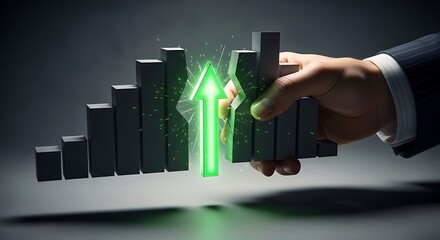A hand strategically places a glowing green arrow into a rising bar graph symbolizing growth and success