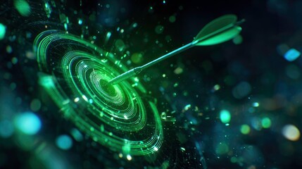 Digital arrow hitting a glowing green target in a futuristic concept.