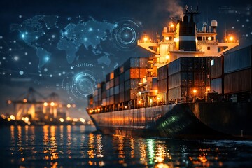 Modern Container Ship at Night with Close-Up Details Illustrating Global Trade and Supply Chain Network