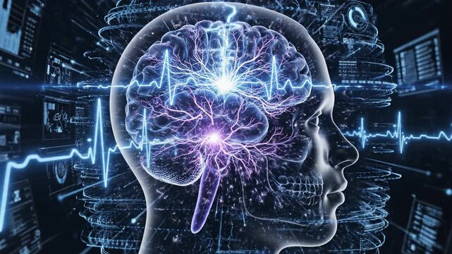 Electric brain with glowing neural network and heartbeat waveform overlay showing cognition and neuroscience electricity synapse skull waveform neural network cognition neuroscience heartbeat
