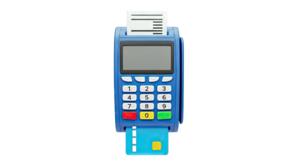 Blue Credit Card Terminal with Receipt and Card