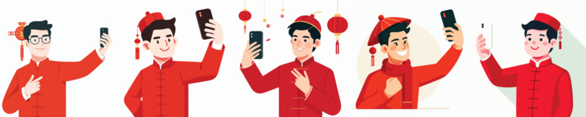 vector half body of man standing happily taking selfie photo during Chinese New Year