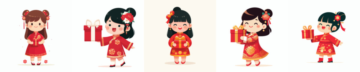 vector of a little girl standing holding a Chinese New Year gift