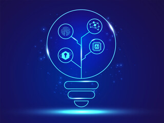 Artificial Intelligence (AI) with Futuristic AI Technology Light Bulb Glowing Lines at the center on dark blue background future technology vector design concept. AI technology for advanced technology