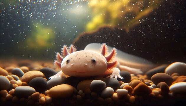 Adorable albino axolotl resting on colorful pebbles underwater - Powered by Adobe