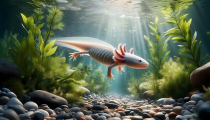 Axolotl swimming in underwater aquatic plant environment with sunlight