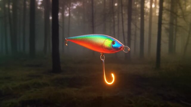 A luminous fishing lure with a glowing hook suspended in front of a misty forest
