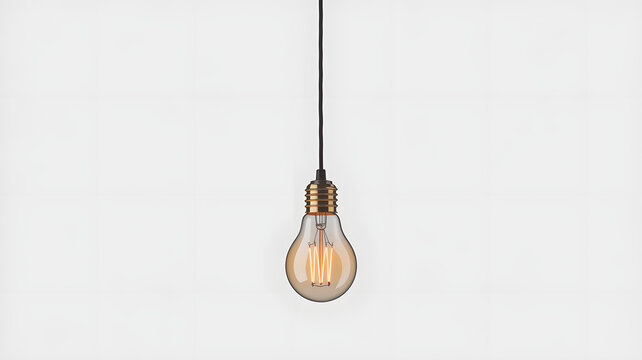 A single light bulb hanging from a black cord on a gray background - Powered by Adobe