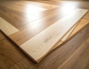 Wooden flooring planks stacked upon an incomplete parquet pattern