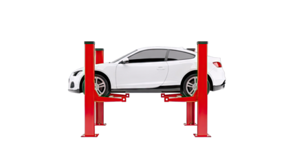 White car on a red two-post car lift