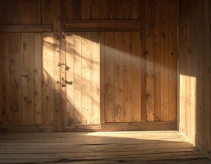 Wooden interior, sunlight streaming through a doorway