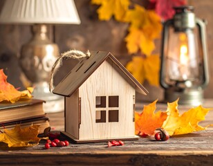 Wooden house decoration with fall leaves and warm ambiance