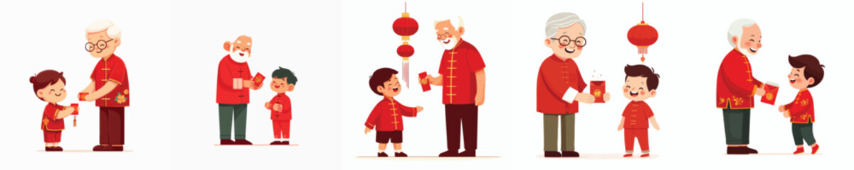 vector of grandfather giving red envelopes to Chinese New Year grandchild