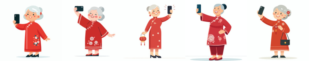 vector grandmother standing happily taking selfie photo during Chinese New Year