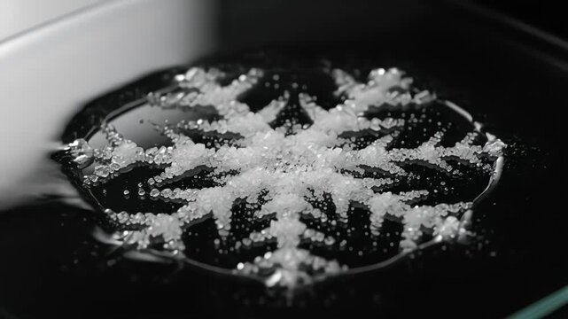 A mesmerizing time-lapse of white crystals self-assembling from a clear liquid on a dark surface, rapidly growing into a beautiful and intricate snowflake pattern