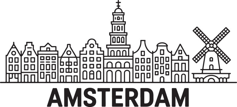 Amsterdam city skyline with famous dutch houses and windmill vector outline illustration