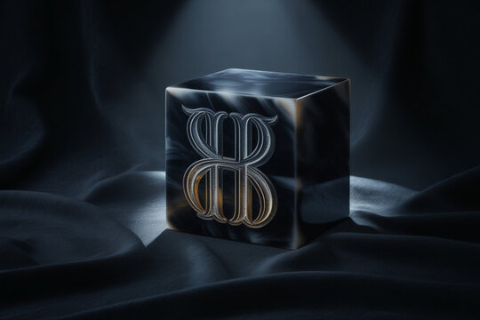 Luxurious black cube with elegant gold and silver logo design