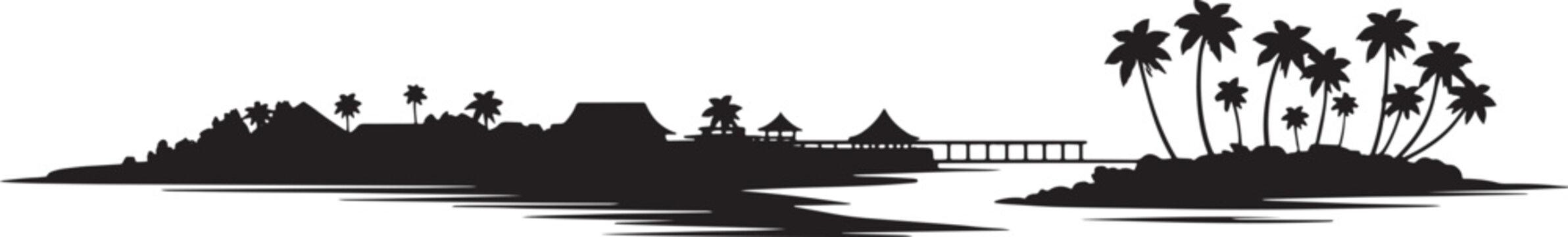 Bora Bora island silhouette skyline with tropical resort palm trees travel illustration