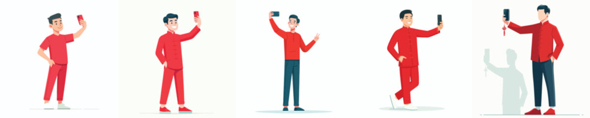 vector man standing happily taking selfie photo during Chinese New Year