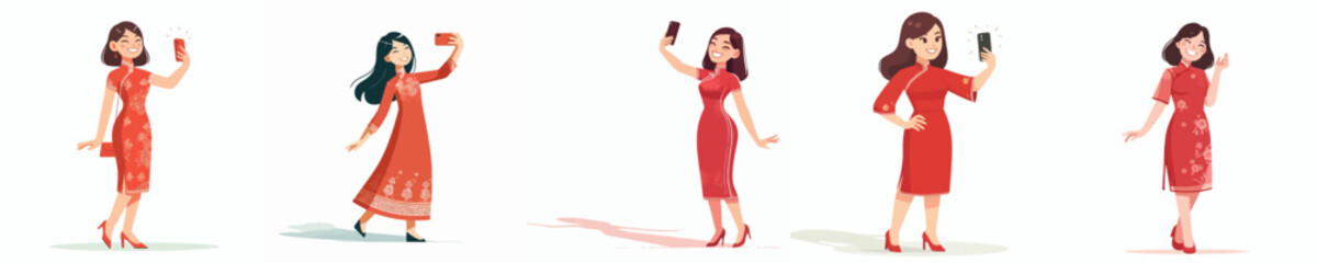 vector woman standing happily taking selfie photo during Chinese New Year
