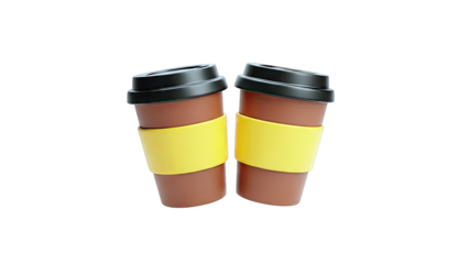 Two takeaway coffee cups with yellow sleeves and black lids