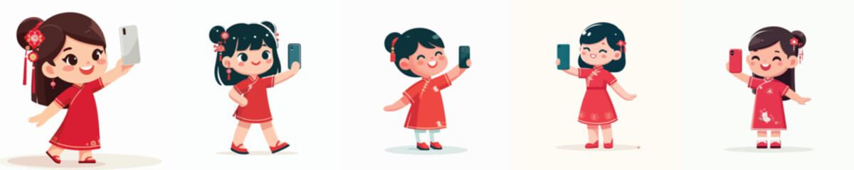 vector little girl standing happily taking selfie photo during Chinese New Year
