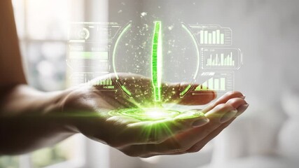 Green holographic leaf projection hands with glowing interface data chart, green leaf hologram floating above cupped hand with glowing energy halo and digital particles, green digital seedling sprout - Powered by Adobe