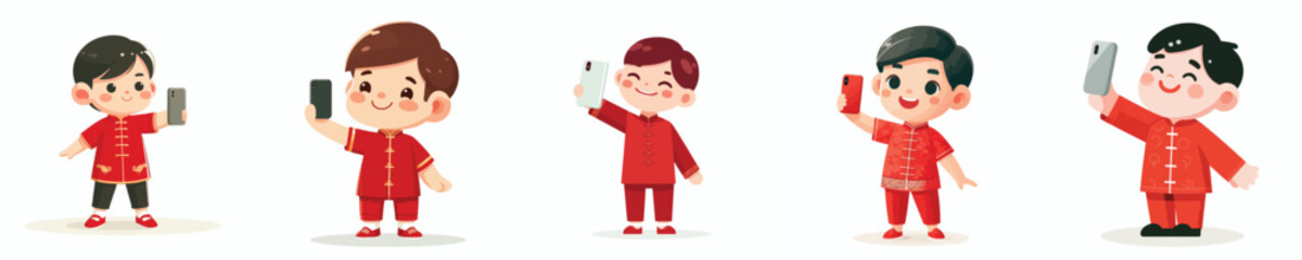vector little boy standing happily taking selfie photo during Chinese New Year