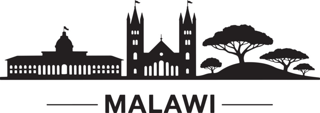 Malawi skyline silhouette with cathedral, government building and trees