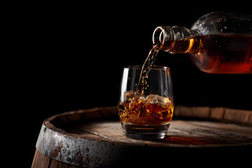 Whiskey Pouring into Glass on Oak Barrel
