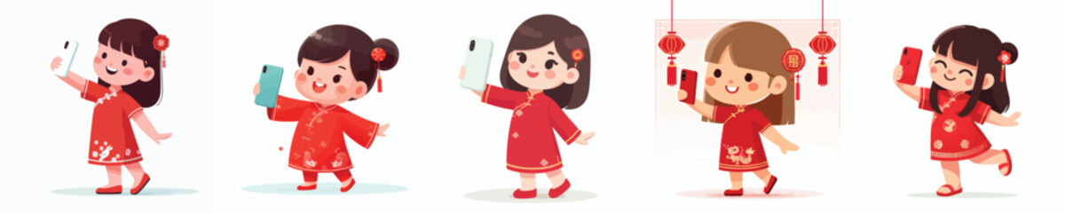 vector little girl standing happily taking selfie photo during Chinese New Year