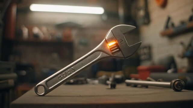 A close-up shot of a chrome adjustable wrench, on a table. Blurred background, illuminated orange
