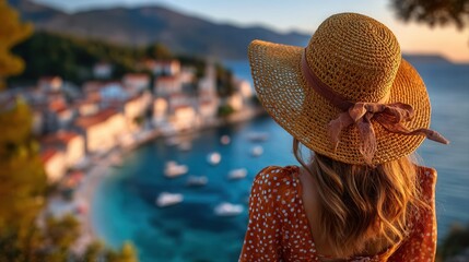 Woman in straw hat overlooking serene coastal town by sea
