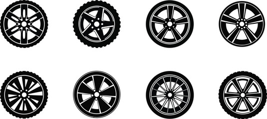 Four rows of various wheel designs on transparent background silhouette © mst