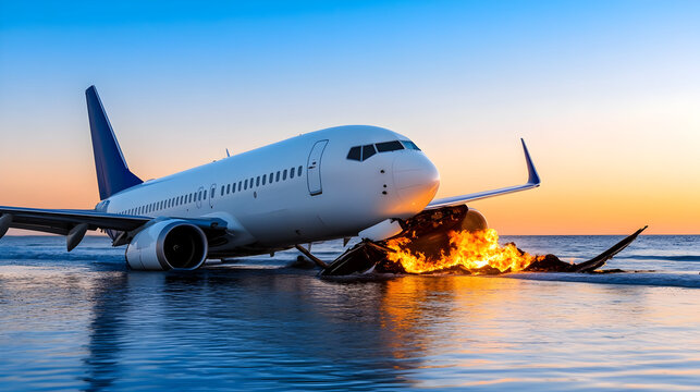 Airplane crash landing on water with flames and fire at sunset