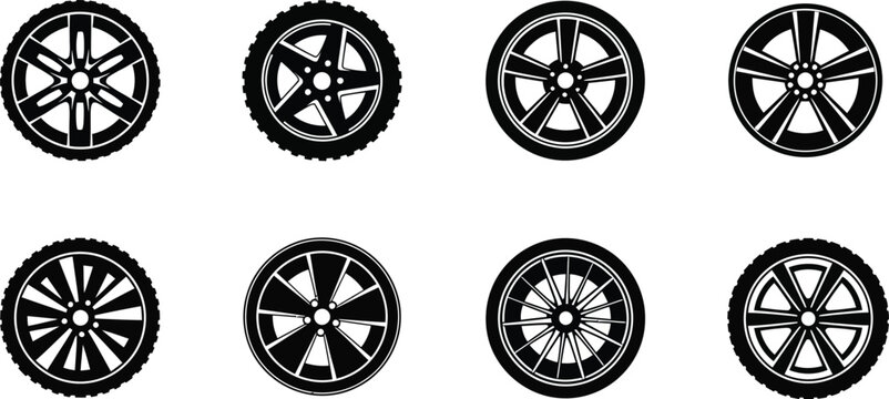 Four rows of various wheel designs on transparent background silhouette