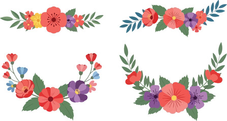 Floral arrangements and bouquets in vibrant colors on transparent background silhouette