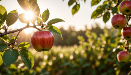 Fresh apple on Tree with Sunlit Background