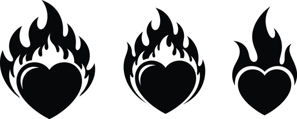 Three black heart flames artistic design element on transparent background silhouette